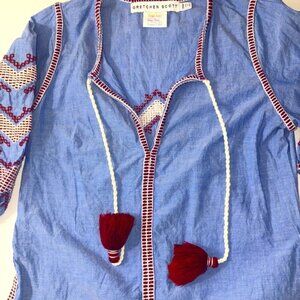 Gretchen Scott Embroidered Boho Top Blouse with Tassels XXS (Size Shrimp)
